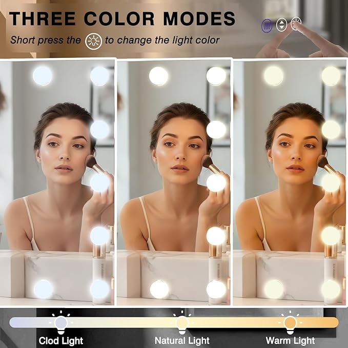 48x32 Lighted Bathroom Mirror, Hollywood Wall-Mounted Mirrors with LED Bulbs, 3 Color Temperatures and Step-Less Dimming, IP54 Enhanced Anti-Fog, Corrosion Proof, Touch Sense