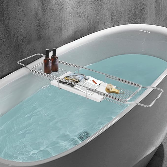 Bathtub Tray Caddy for Luxury Bath, Stainless Steel 26.8-35.4 in Expandable Extra Wide Bath Tub Tray with Natural Marble and Mobile/Tablet Stand, Ideal for Home Spa Lovers (Silver + White)