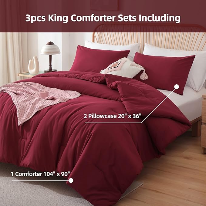 ROSGONIA King Size Comforter Set Dark Red,3pcs King Comforter Set(1 Boho Red Comforter & 2 Pillowcases) All Season Lightweight Bedspread Blanket Quilt