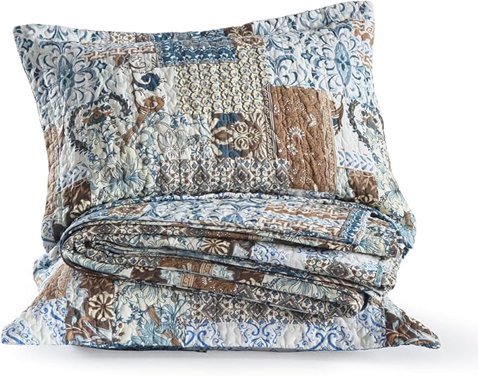 ENASAL Cotton Bedspread Quilt Bedding Sets Reversible Coverlet Comforters Blue Bohemian Rustic Floral Patchwork Pattern Bedspread for All Season,Queen Size