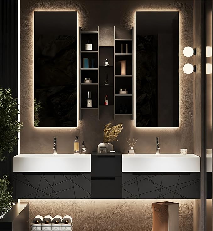 Double Bathroom Vanity with Sink, Floating Modern Bathroom Vanity Set Includes LED Smart Defogging Mirror and Open Storage Wall Cabinet, Solid Wood Bathroom Cabinet with Large Drawer (Dark Grey,96")