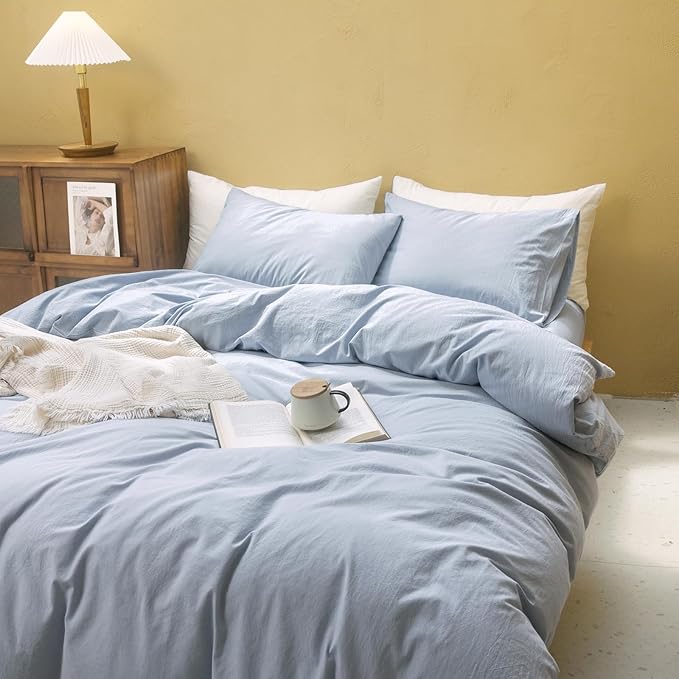 FOSSA Duvet Cover Set 100% Washed Cotton Linen Feel Super Soft Breathable Cozy 3 Pieces Bedding Sets Solid Cornflower Blue Super Queen