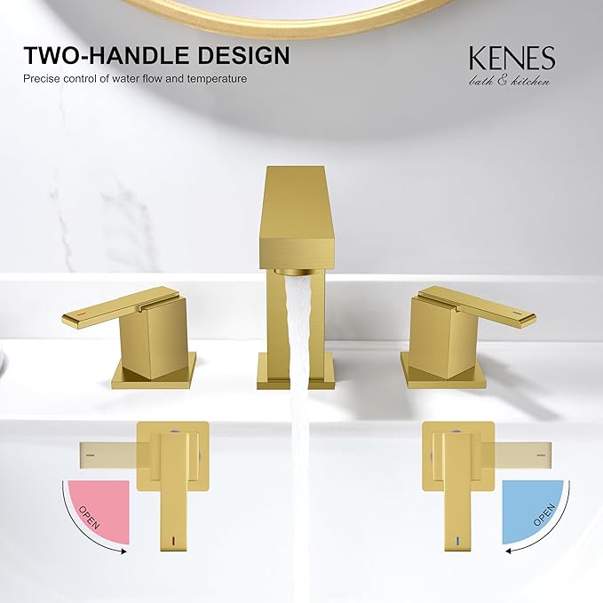 KENES Brushed Gold Widespread Bathroom Faucet 3 Hole Bathroom Sink Faucet Gold Two Handle, 8-Inch 3 Pieces Bathroom Vanity Faucet with Pop Up Drain & Supply Lines, KE-9050-4-P