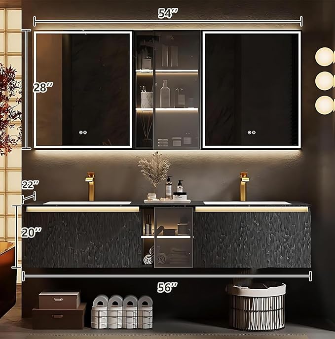 56" Double Bathroom Sink Vanity, Modern Bathroom Vanity Includes LED Smart Defogging Mirror Cabinet & Semi-Open Storage & Ceramic Basin, Floating Bathroom Cabinet with Sensor Light (Charcoal Grey)