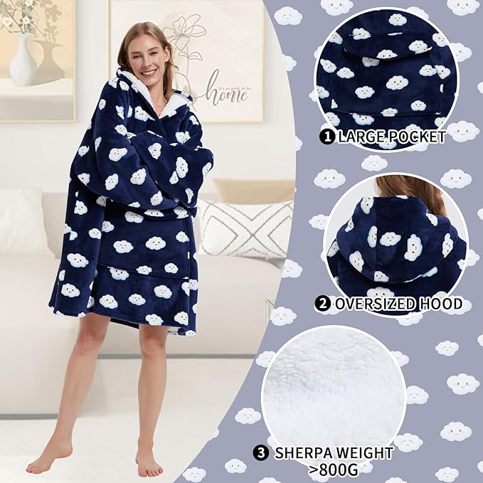 Wearable Blanket Hoodie for Adult,Oversized Sherpa Fleece Blanket Hoodie for Women Men,Navy Blue Cloud