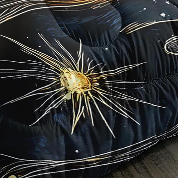 Sun and Moon Bedding Set Twin Size,Yellow Galaxy Celestial Bedding for Kids Boys Girls Teens Room Boho Decor,Black and Yellow Fluffy Comforter Sets with 2 Pillowcases.