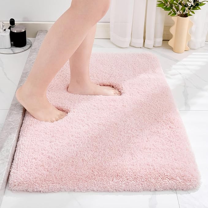 Small Bathroom Rug 17x24 Non Slip Pink Fluffy Bath Mat for Bathroom Floor Washable Plush Luxury Bath Rug for Tub Soft Shaggy Absorbent Shower Mat