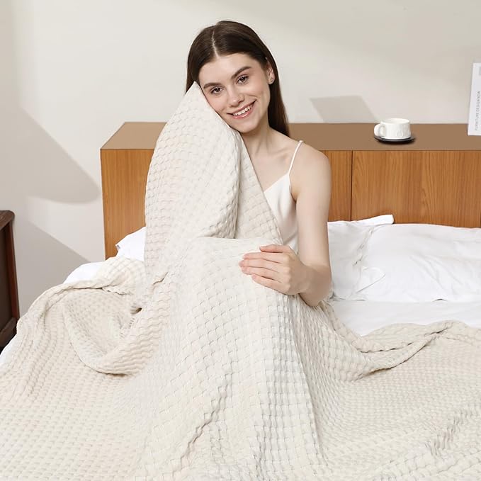 Aganear Waffle Blanket - Lightweight Breathable Summer Blanket of 50% Cotton and 50% Rayon Derived from Bamboo for Hot Sleepers Luxury Throws for Bed, Couch and Sofa,Beige,50x70 Inches