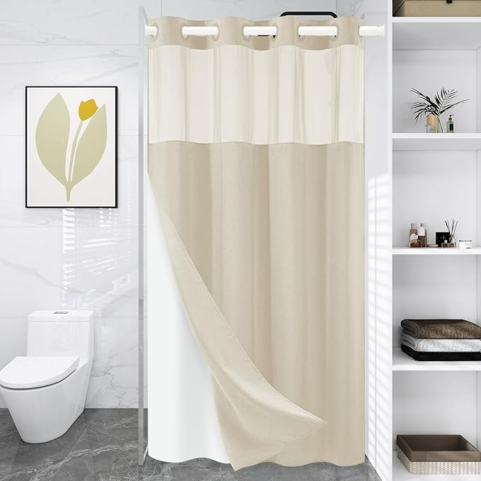 Small No Hooks Luxury Shower Curtain Set with Snap-in Liner, Polyester Textured with See-Through Top Window, Waterproof & Washable Hotel Style for Bathroom, 54W x 80H, Cream