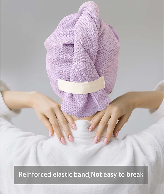 2 Pack Microfiber Hair Towel Wrap for Women, 32" x 11" Waffle Weave Hair Plopping Towel for Curly, Long & Thick Hair, Anti-Frizz Hair Turbans for Wet Hair (Lavender, Grey)