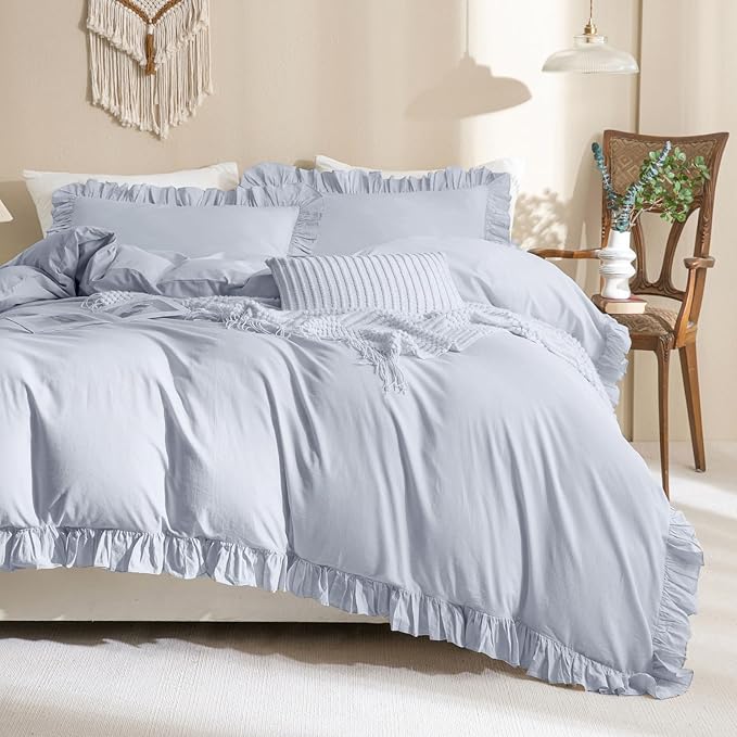 QSH Washed Cotton Ruffle Duvet Cover King Size,3 Pieces Cornflower Blue Farmhouse Vintage Shabby Comforter Cover Linen Feel French Country Rustic Bedding Set Soft Breathable Quilt Cover Set