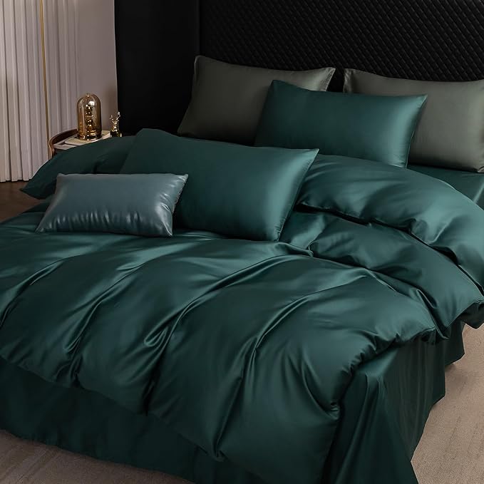 MooMee Duvet Cover Set 100% Extra Long Staple Cotton 600 Thread Count Silky Sateen Smooth Luxury Soft Breathable Durable Hotel Quality Bedding, 3 Pieces (Teal Green, Full 80"x90")