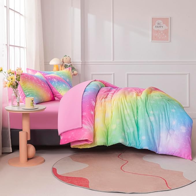 6Pcs Rainbow King Comforter Set for Kids Girls Teens Women Tie Dye Pastel Bedding Set King Size Stars Glitter Soft & Breathable Kids Bed for Gift Bedroom Decor