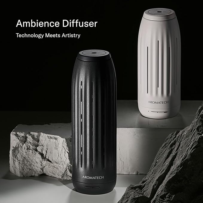 AromaTech Ambience Mini Scent Diffuser for Essential Oil Blends & Fragrances – Waterless Scent Machine w/Bluetooth for Smaller Spaces, Bathroom, Office, More - 600 Sq Ft – Charcoal Acrylic