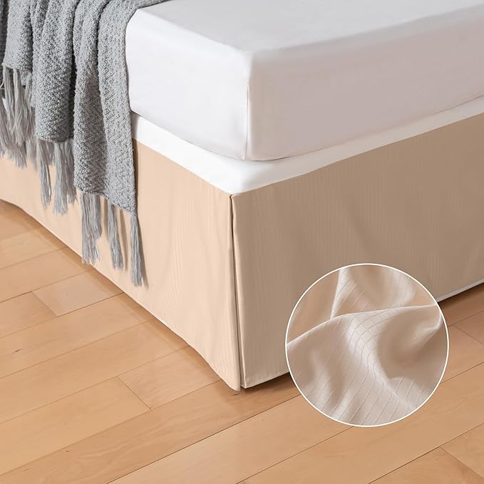 King Bed Skirt, Grid Plaid Soft Quadruple Pleated Ruffle Bed Skirt, Tailored Dust Ruffle 14 Inch Drop Easy Fit, Machine Washable (Beige)