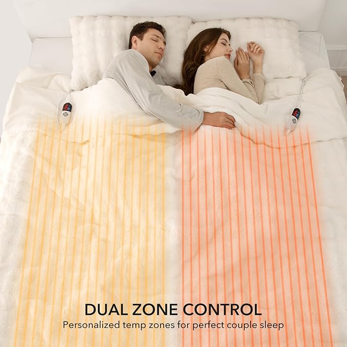 Faux Rabbit Fur Bubble Queen Size Heated Blanket White - Fluffy Thick Electric Blanket Queen with Dual Control, 6 Heating Levels & 10 Timer Settings, Overheat Protection, Home Decor,84" x 90"