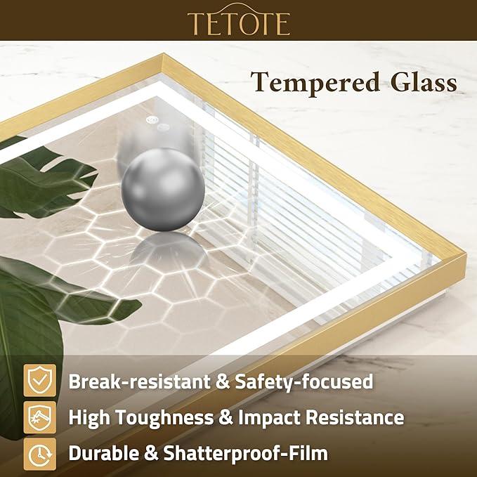 TETOTE Led Bathroom Mirror 36 x 36 with Brushed Gold Frame Anti-Fog Frontlit & Backlit Vanity Mirror Stepless Dimmable Lighted Mirrors for Bathroom Wall 3 Colors White/Warm/Natural Wall-Mounted