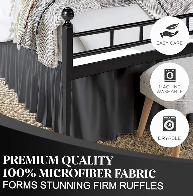 Ruffled Bed Skirt with Split Corners, Dark Grey, King 16 Inch Drop Bedskirt, Hotel Quality Brushed Microfiber Wrinkle Free Dust Ruffle Bed Skirt King Size