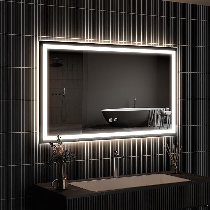 APRILSOUL 40x32 Inch LED Bathroom Mirror with Front and Backlit, Makeup Mirror with 3 Color Lights, Memory Function, Anti-Fog and Dimmable Light (Horizontal)