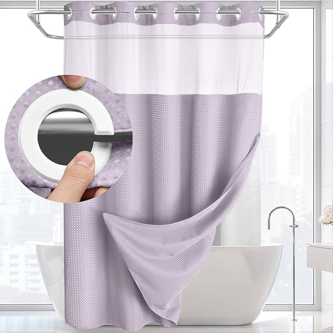 YellyHommy No Hook Shower Curtain with Snap in Liner Set Less Time Waffle Shower Curtain for Bathroom (Lavender, 81" L x 72" W)