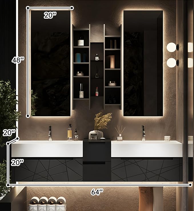 Double Bathroom Vanity with Sink, Floating Modern Bathroom Vanity Set Includes LED Smart Defogging Mirror and Open Storage Wall Cabinet, Solid Wood Bathroom Cabinet with Large Drawer (Dark Grey,64")