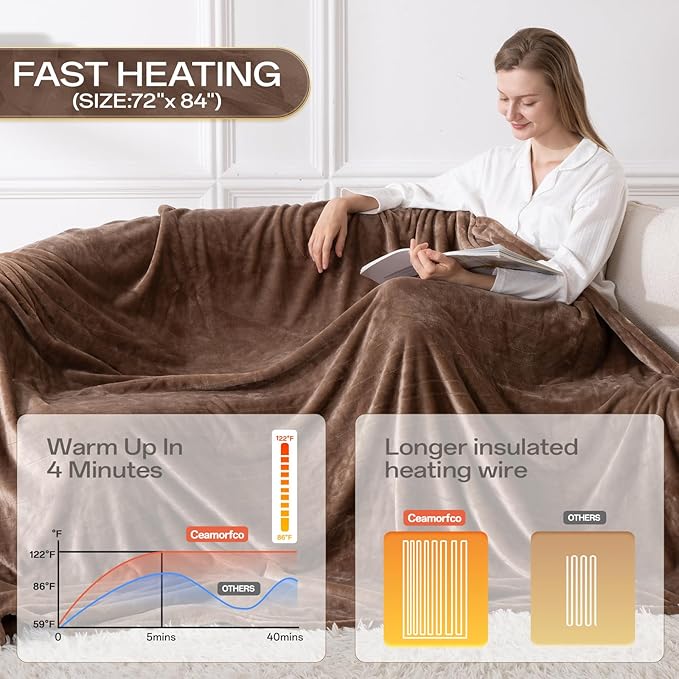 Heated Blanket Electric Throw 72" x 84" Full Size with 8 Heating Levels 10 Hours Time Setings and Auto-Shut Off, Flannel Fast-Heating Electric Blanket, Machine Washable ETL Certified, Brown