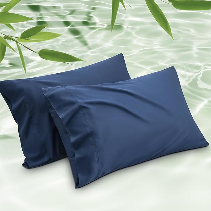 Bedsure Pillow Cases Standard Size, Cooling Pillow Cases, Rayon Derived from Bamboo Navy Blue Pillowcases Standard Set of 2, Breathable & Soft Bedding Pillow Cover with Envelope Closure, 20x26 Inches