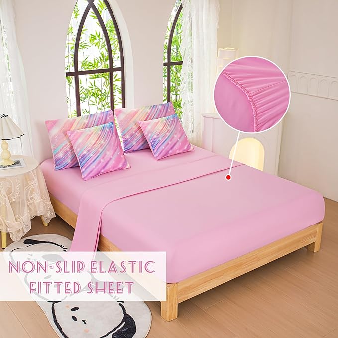 Full Comforter Set for Girls Galaxy Bedding 7pieces, Ombre Bedding Comforter Sets Rainbow Comforter, Twill Pink