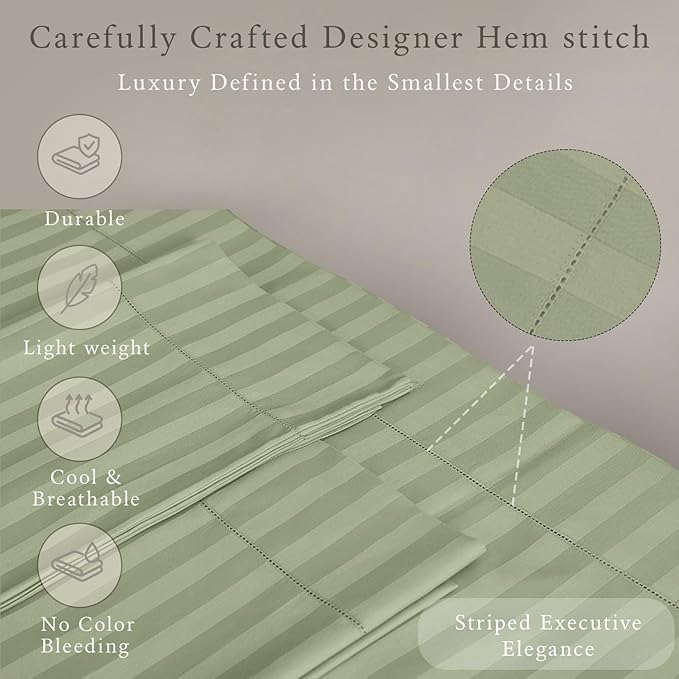 Threadmill 500 Thread Count Twin Size Damask Stripe, 3 Pc Luxury Cotton Sheet Set, Breathable & Silky Soft Sage Green Sheets with 15" Elasticized Deep Pocket, 1 Pillowcase & Free Tote Bag