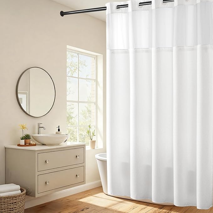 River Dream Heavyweight No Hooks Required Dotted Waffle Weave Shower Curtain with Snap in Liner - 71W x 98H,Hotel Grade,Spa Like Bath Curtain,White