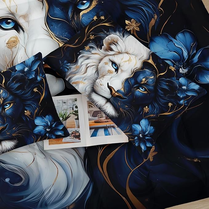 Black and Gold Flower Lion Comforter Set Full Size，Animal Print Full Size Bedding Set for Boy，with 1 Comforter with 2 Pillow Case
