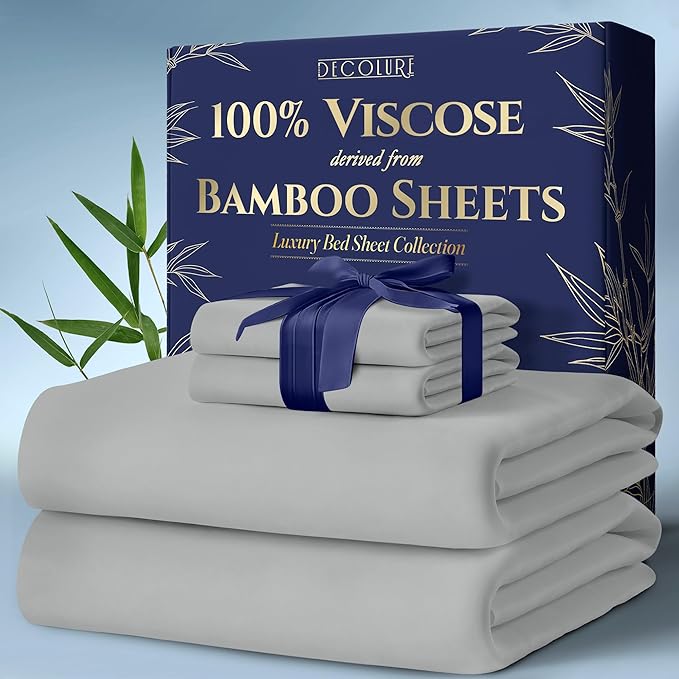 DECOLURE 100% Viscose Derived from Bamboo Sheets Queen Size 4pcs - Ultra Soft & Luxuriously Cooling, 17" Deep Pocket, Double Stitching, Perfect for Hot Sleepers - Queen Bed Sheets (Light Grey)