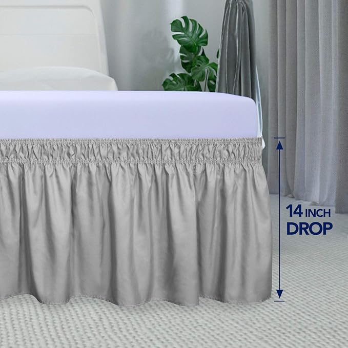PureFit Wrap Around Ruffled Bed Skirt with Adjustable Elastic Belt - 14 Inch Drop Easy to Put On, Wrinkle Free Bedskirt Dust Ruffles, Bed Frame Cover for Twin,Twin XL and Full Size Beds, Light Gray
