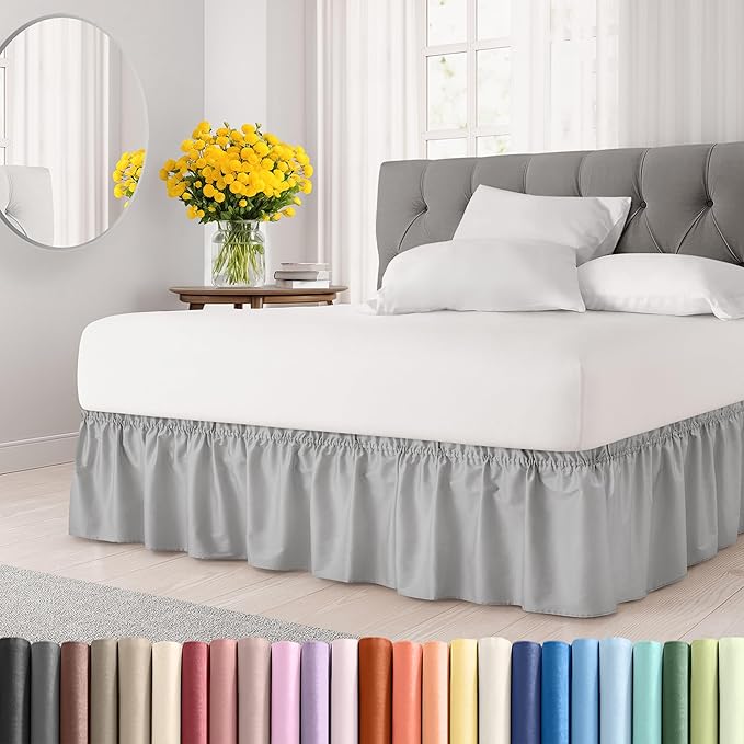 Wrap Around Dust Ruffle Bed Skirt - Light Grey - for King Size Beds w/ 16 Inch Drop - Easy Fit Elastic Strap - Adjustable Pleated Bedskirt with Brushed Fabric, Wrinkle Free Women, Men, Kids and Teens