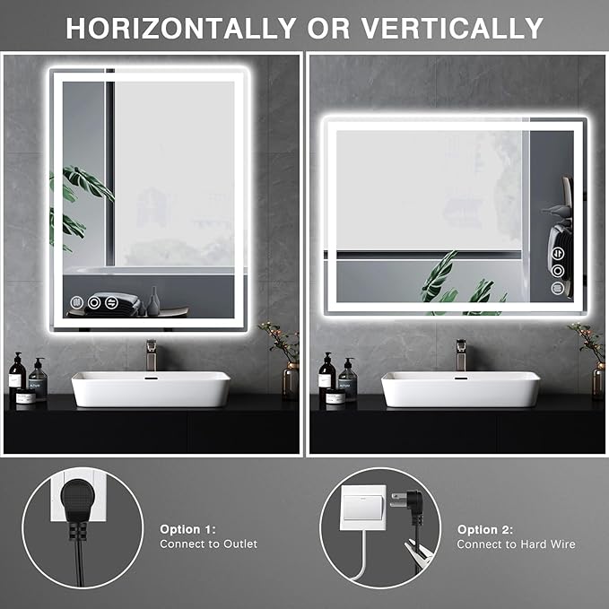 24"x 36" LED Bathroom Mirror with Stepless Dimmable Wall Mirrors with Anti-Fog, Dimmable CRI>90, Vanity Mirror with 3 Color Modes, Shatter-Proof, Memory Bathroom Mirror with LED Lights