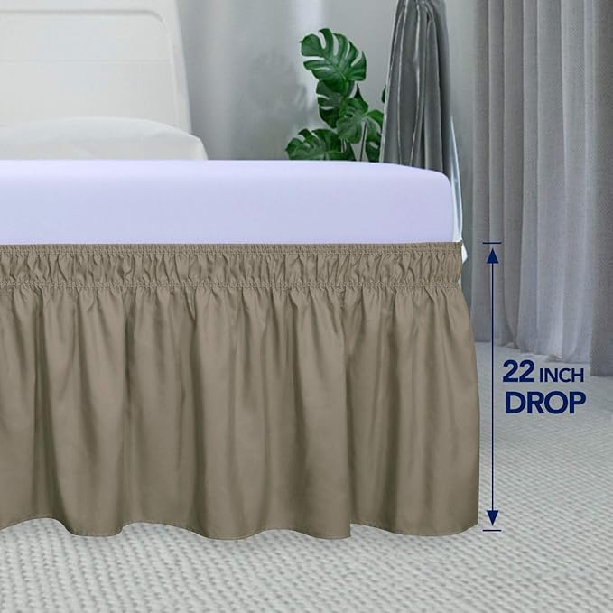 PureFit Wrap Around Ruffled Bed Skirt with Adjustable Elastic Belt - 22 Inch Drop Easy to Put On, Wrinkle Free Bedskirt Dust Ruffles, Bed Frame Cover for Twin,Twin XL and Full Size Beds, Sand