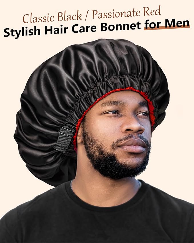 mikimini Satin Bonnet for Men and Women, Reversible Double Layer Sleeping Bonnet for Hair Braids with Anti-slip Adjustable Elastic Band Super Soft (XL, Black/Red)