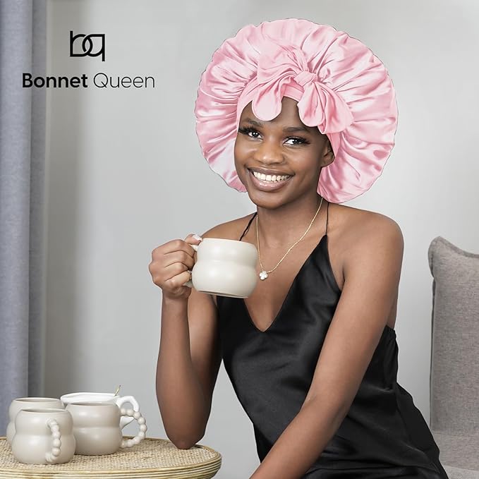 BONNET QUEEN Silk Bonnet for Sleeping Women Big Satin Bonnet Night Sleep Cap Wrap for Curly Hai rwith Adjustable Tie Band, Single Layer, Large, Pink