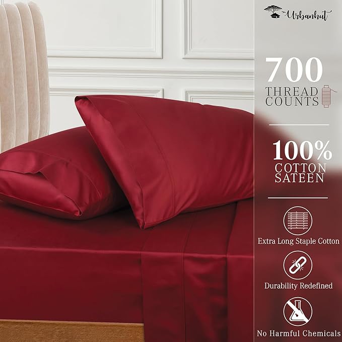 URBANHUT 700 Thread Count Egyptian Cotton King Sheets, 4Pc Sheet Set Soft Luxury Bed Sheets for King Size Bed, Sateen Weave Hotel Sheets, 16'' Elasticized Deep Pocket - Burgundy