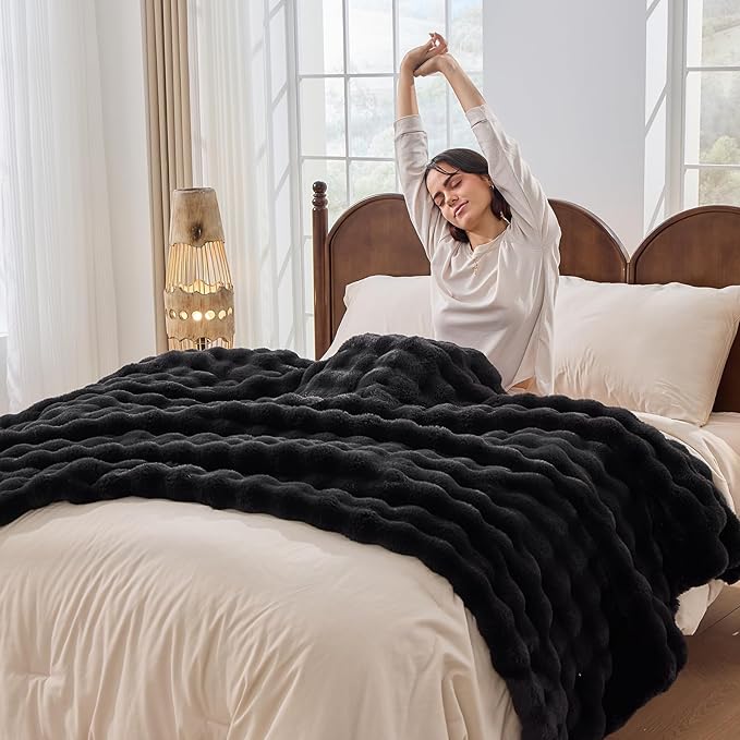 Fluffy Cozy Fuzzy Plush Bubble Blanket - Luxury Faux Rabbit Fur Throw Blanket Thick Warm Decorative for Bed, Sofa (King Size 108''x90'', Black)