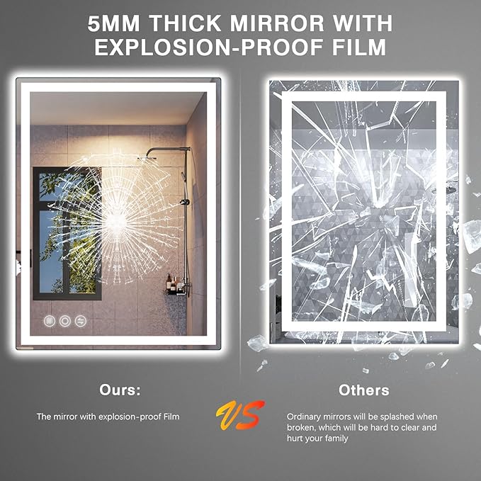 24"x 36" LED Bathroom Mirror with Stepless Dimmable Wall Mirrors with Anti-Fog, Dimmable CRI>90, Vanity Mirror with 3 Color Modes, Shatter-Proof, Memory Bathroom Mirror with LED Lights