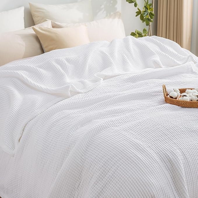 PHF 100% Cotton Waffle & Muslin Blanket Twin Size, Soft Breathable Luxury 400GSM Versatile Reversible Bedding for Bed, Great for Layering in Cold Weather, Home Decor Gift, 66" x 90", White
