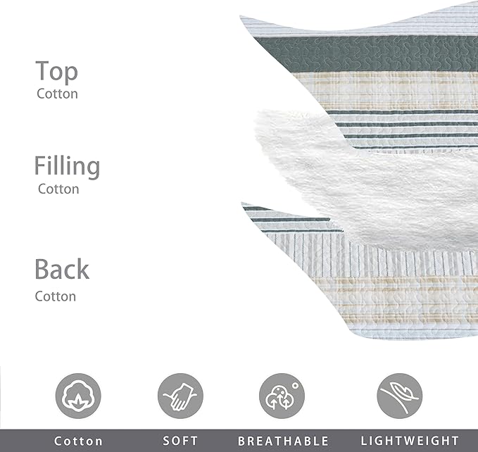 Homzard Quilts Queen Size - Cotton Queen Size Comforter Sets,Beige Grey Cotton Bedding,Striped Plaid Comforter Bedspread (90 * 98 Inches),3 Piece