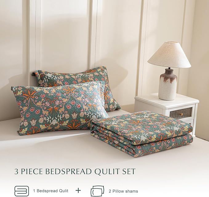 Lady Ann Oversized King Bedspreads 120x120, 100% Cotton Oversized King Quilt Bedding Set Vibrant Paisley Floral Pattern Plant Botanical Printed Quilted Coverlet Set, 3 PCS