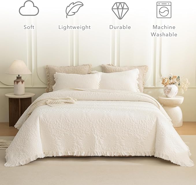 QSH 3PCs Milk White Oversized King Quilt Bedspread Set(120"x120"),Stonewashed Cotton Ruffled Quilt California King,Ultra Soft Lightweight Crinkled Shabby Bedspread Coverlet Bedding Set for All Seasons