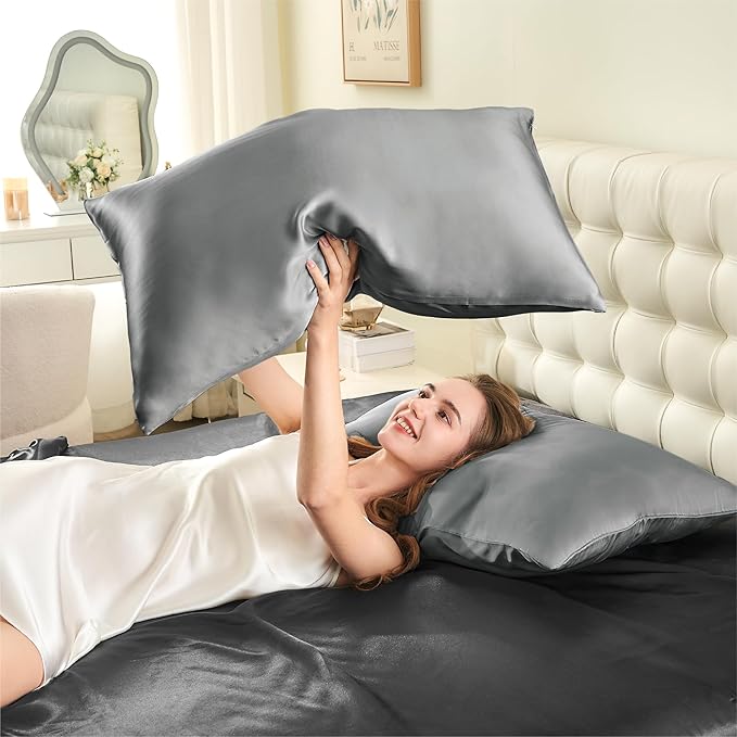INFIIXSO Mulberry Silk Pillowcase for Hair and Skin, Silk Pillow Cases King Size with Hidden Zipper 20x40 Inches, Smooth and Soft Cooling Pillow Cases for Hot Sleepers(Dark Grey, 1 Pack)