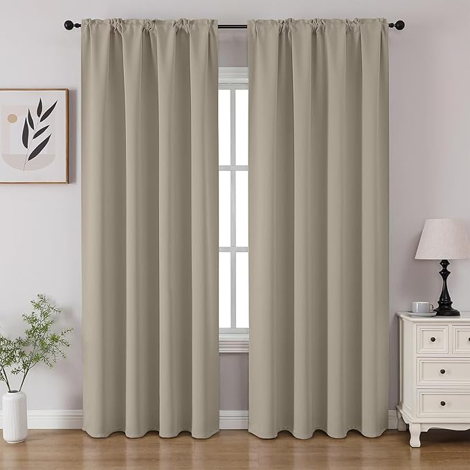 CUCRAF Light Beige Blackout Curtains 84 inch Length 2 Panels Set, Rod Pocket Room Darkening Drapes for Bedroom Living Room, Insulated Thermal Light Blocking Window Curtain (W52 x L84 Inch)