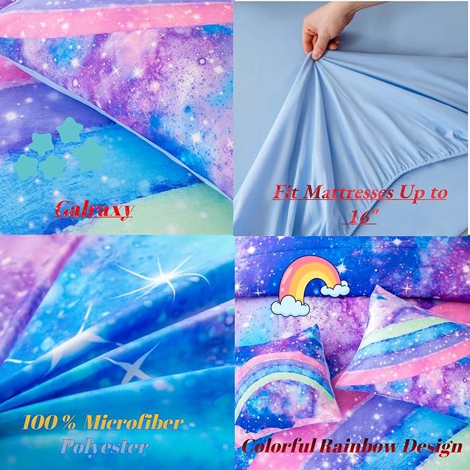 ANGIYUIN Tie Dye Blue Rainbow Comforter Set Queen Size 6 Pieces Gradient Glitter Girls Bed in A Bag Twinkle Nebula Comforter Bedding Set for All Season