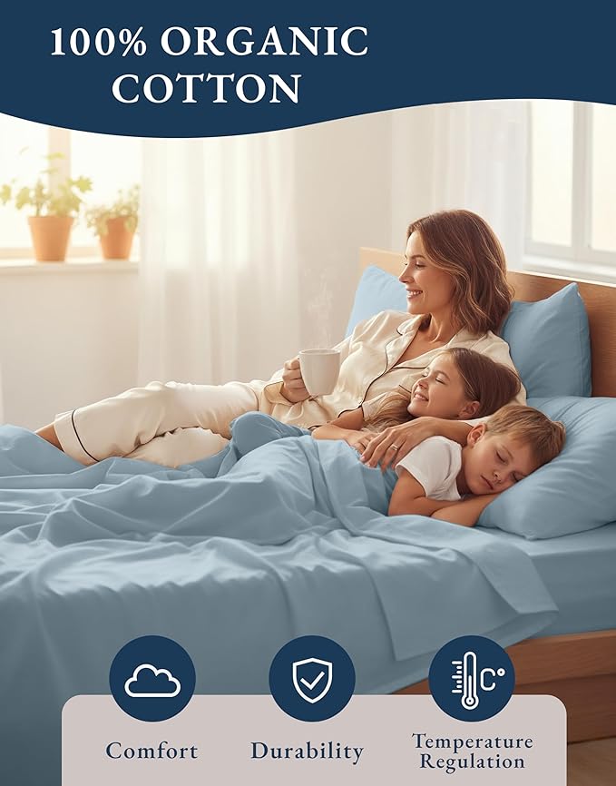 LANE LINEN 100% Organic Cotton Eco Friendly Sustainably Produced Queen Sheets Set, Low Pill Fade Resistant Machine Wash Fully Elasticized Cotton Bedding Queen Set- French Blue