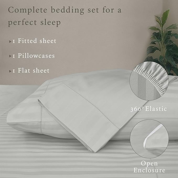 Threadmill 500 Thread Count Twin Size Damask Stripe, 3 Pc Luxury Cotton Bedding Set, Breathable Light Grey Sheets with 15" Elasticized Deep Pocket, 1 Pillowcase & Free Tote Bag